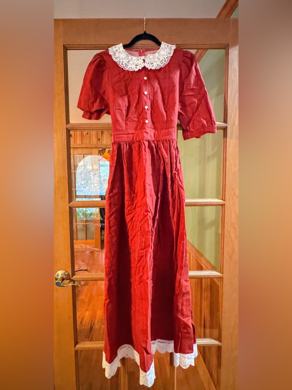 Classic Red Maxi Dress with Lace Collar